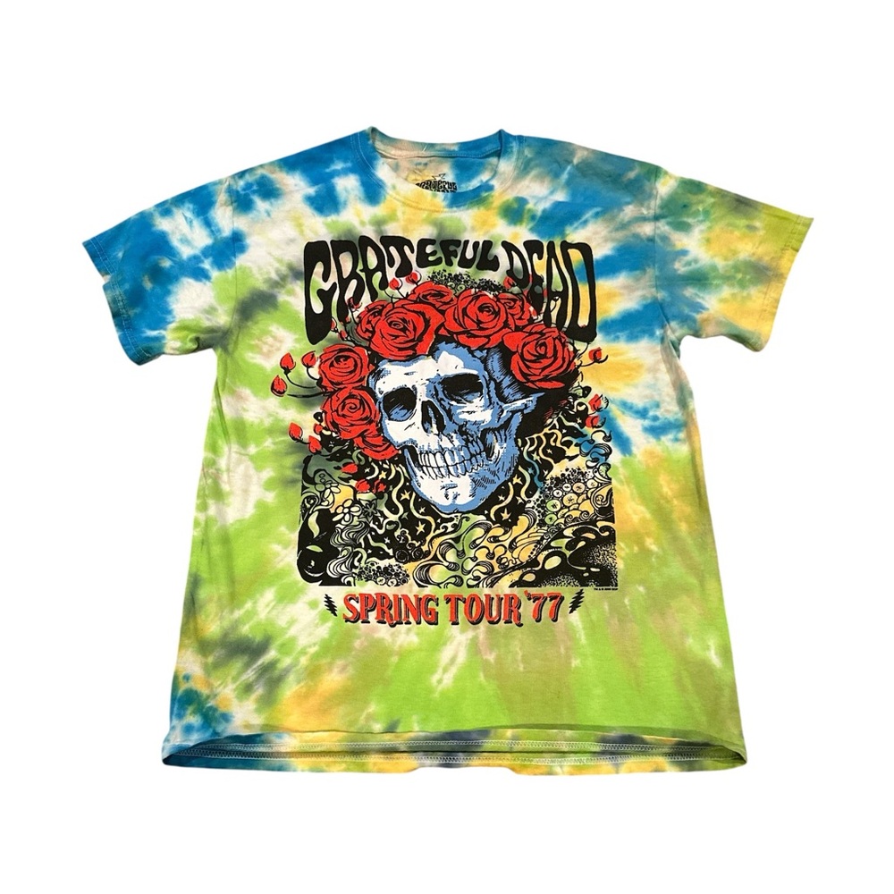 Grateful Dead Roses Skull 77 Spring Tour Blue Yellow Tie-Dye Cotton Band Tshirt
